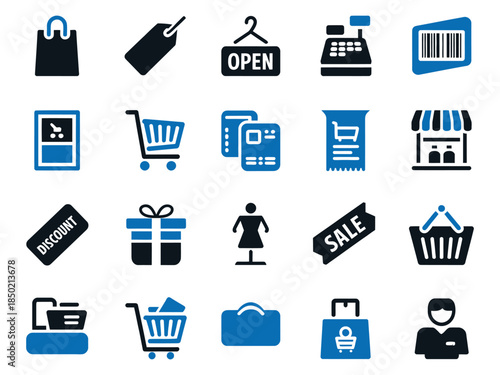 A collection of diverse retail icons, including shopping carts, discount tags, and cash registers, in a blue and black theme.