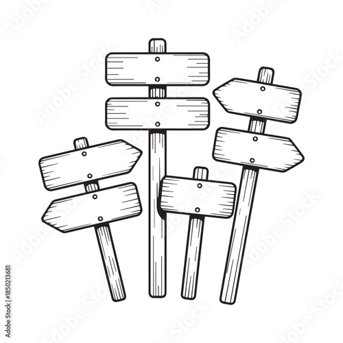 Vintage Wooden Road Signs Vector Set in Black and White Line Art