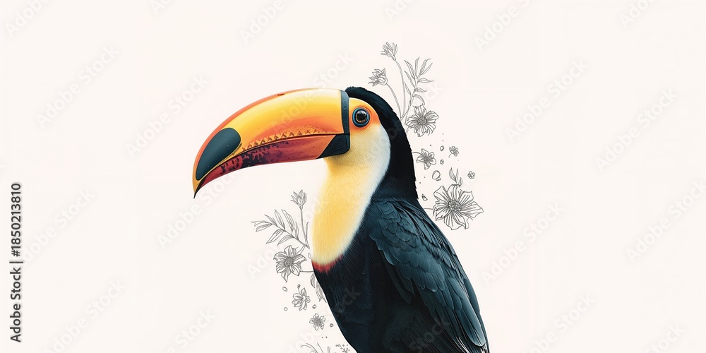 Naklejka premium Colorful toucan resting on tree branch amid lush foliage, highlighting bird diversity