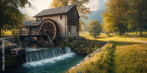 Fototapeta Naklejka Na Ścianę i Meble -  Old water mill wheel made of wood operating in a summer outdoor setting, highlighting vintage architecture, Earth Day
