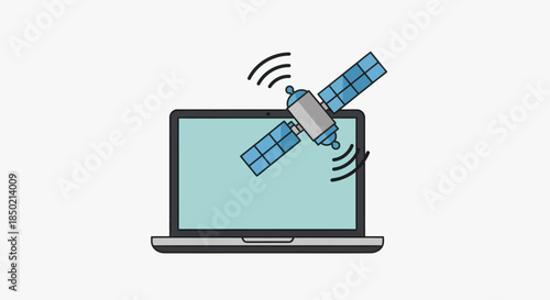 A laptop screen overlaid with a satellite broadcasting signals