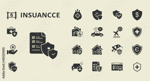 A monochrome set of insurancerelated icons on a light beige background