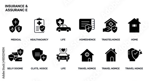 A grid of twelve black insurancerelated icons with misspelled labels