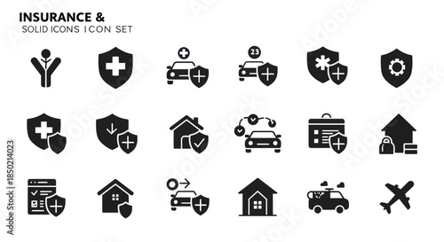 A set of 15 solid black icons related to insurance services