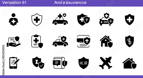 A set of 15 black insurancerelated icons arranged in three rows on a white background