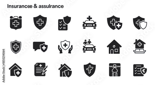 A set of fifteen black and white insurance and assurance icons arranged in three rows