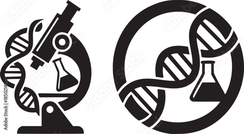 Black icons of microscope D N A and laboratory flask on white background science research