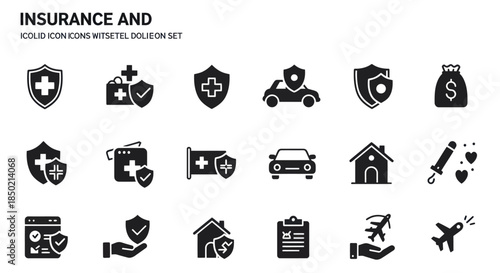 A set of black solid icons related to insurance including shields medical crosses cars houses money and travel