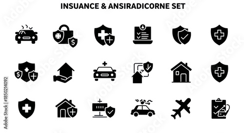 A set of eighteen black silhouette icons related to insurance and protection services