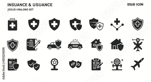 A set of solid black icons related to insurance featuring shields medical crosses vehicles houses and travel