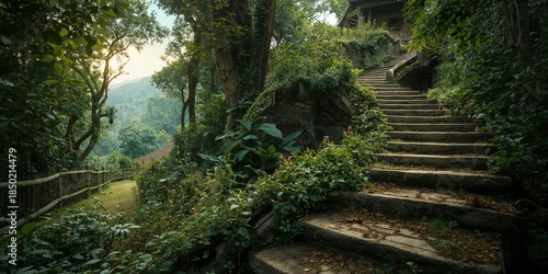 Stone steps ascending to a woodland cottage, used as a garden pathway, Earth Day