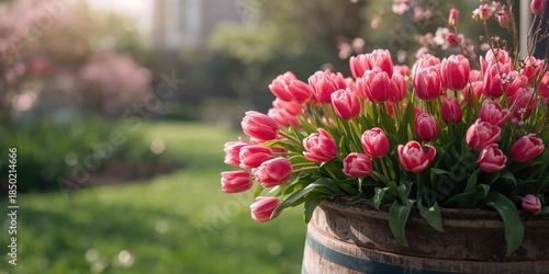 Pink tulips in a planter, designed for spring garden display or urban planting, Earth Day