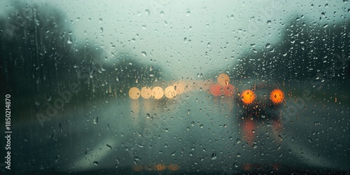 Close-up of rain-streaked vehicle glass with gridlock in the background, highlighting weather delays in traffic flow