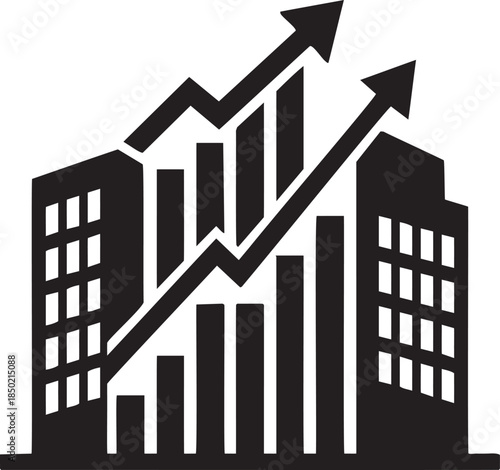 Photography Black silhouette of buildings with upward trending bar graph and arrows white