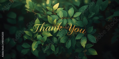 Thank You text on a lush green leaves backdrop, ideal for nature appreciation occasions