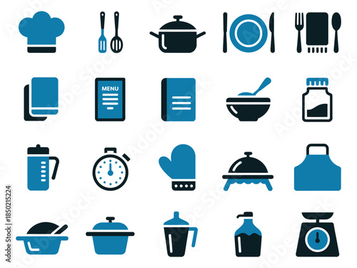 A collection of blue kitchen icons depicting cooking utensils, food items, and dining essentials.