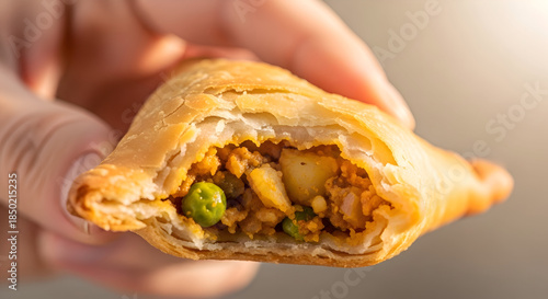A hand holding a savory pastry with a bite taken out of it,  filled with meat and vegetables,  on a blurred background
