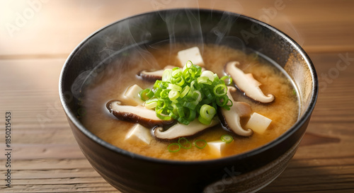 Steaming bowl of miso soup with mushrooms and green onions on a wooden table