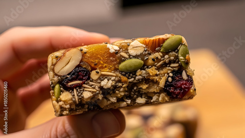 A hand holding a homemade granola bar with nuts and dried fruits