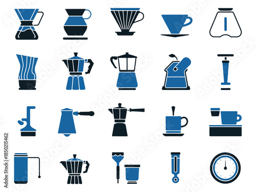 A collection of various coffee brewing tools and accessories illustrated in dark blue and light blue tones.