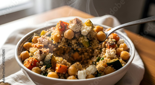 Quinoa salad with chickpeas vegetables and a spoon on a white napkin on a wooden table