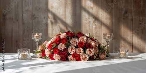 Wedding decoration with roses arranged on a white table, floral arrangement for event decor
