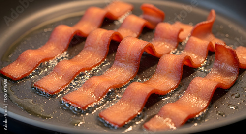 Crispy bacon strips frying in a pan with oil and seasonings