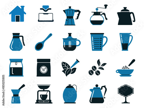 A collection of stylish coffee brewing icons including pots, grinders, and cups in a modern blue and black theme.