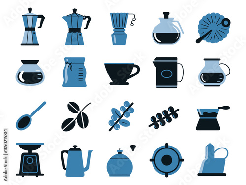 A stylish collection of coffee-making tools and equipment in various shades of blue, perfect for coffee enthusiasts.