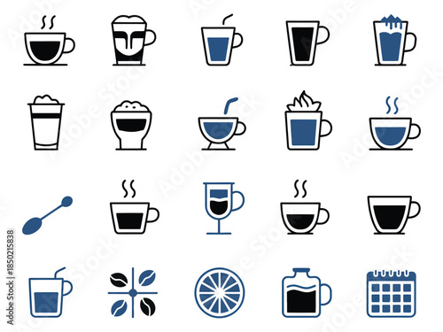 A collection of diverse beverage icons representing coffee, tea, and cocktails in a minimalist design.