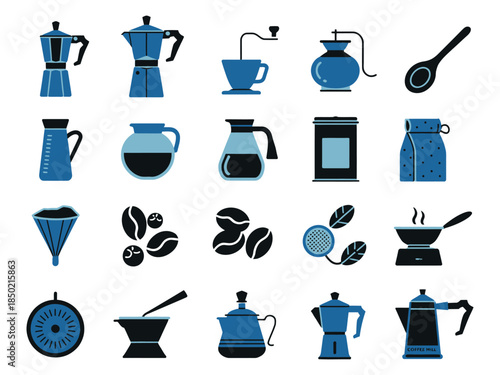 A collection of coffee brewing tools and accessories in blue tones, perfect for any coffee enthusiast.