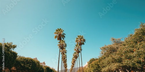 Vintage Rodeo Drive scene with palm trees and blue sky, urban greenery and landscape preservation