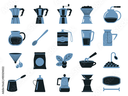 A collection of coffee brewing tools and accessories displayed in various shades of blue, perfect for caf� enthusiasts.