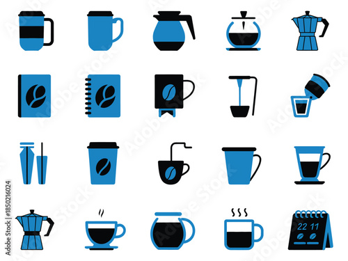 A collection of coffee-related icons in blue and black, showcasing brewing methods and coffee cups.