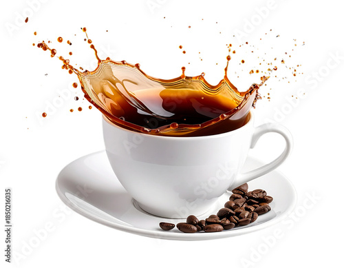 Coffee Cup Tilted with Swirling Liquid Splash, Diagonal Composition, Transparent Background