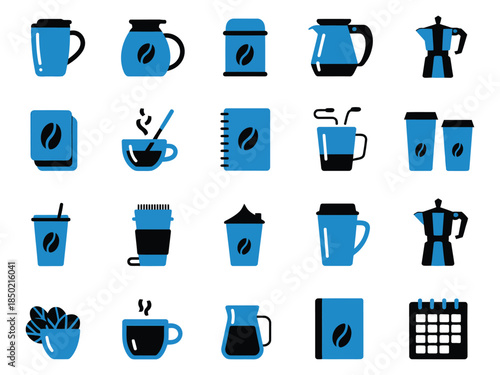 A collection of trendy coffee-related icons in blue, showcasing various coffee containers, cups, and brewing tools.