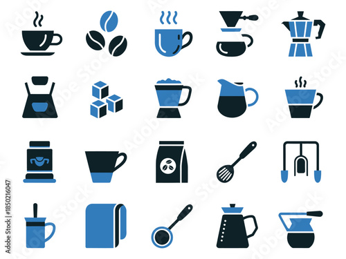 A collection of coffee-themed icons showcasing various brewing methods and accessories for coffee lovers.