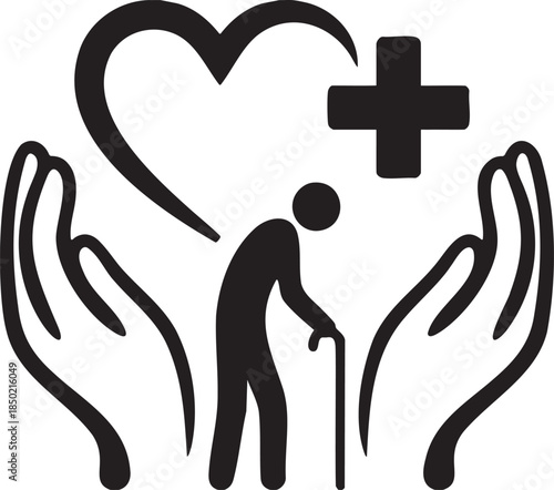 Elderly person with cane supported by hands under heart and medical cross symbol vector
