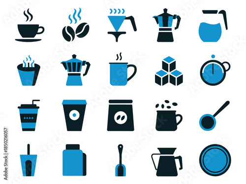 A collection of coffee and beverage icons in blue tones, showcasing cups, brewing methods, and coffee elements.