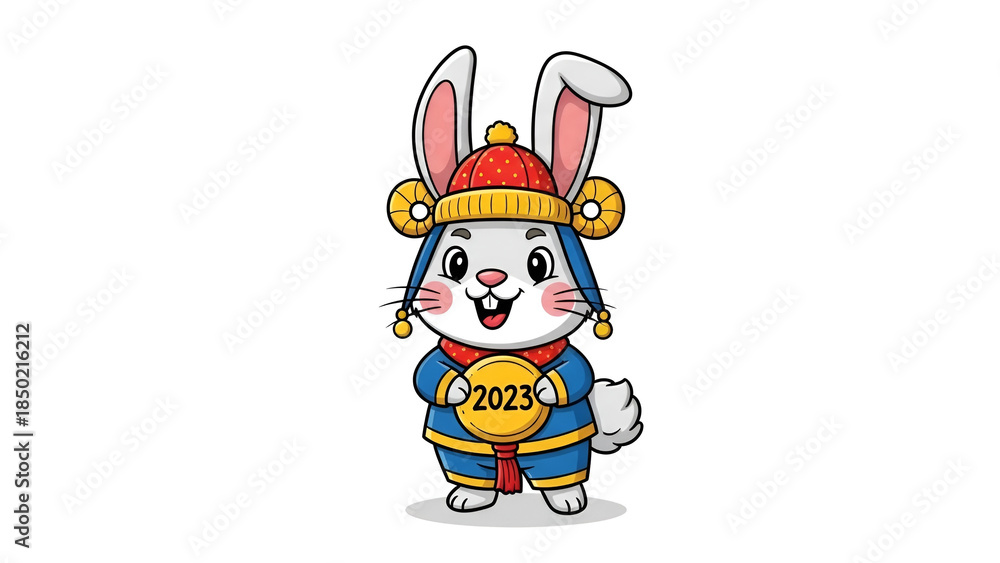 Fototapeta premium Year of the Rabbit 2023 mascot in traditional Chinese dress holding golden coin