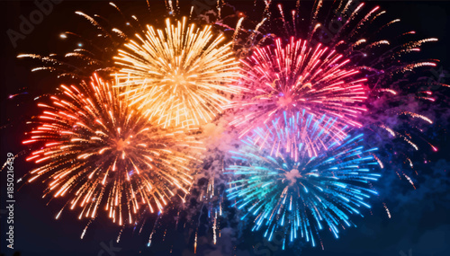 Fireworks of multiple colored explosions, radial trajectories of sparks and smooth fading are an epic festive effect. Use it for banners, holidays, and event videos. Vector. EPS.