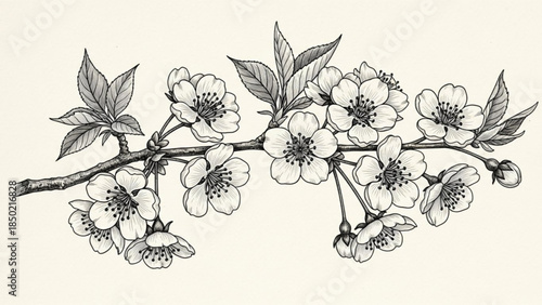 Botanical Illustration Cherry Blossom Branch Hand Drawn Vintage Style