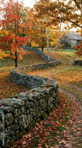 Wallpaper Mural Serene Autumn Pathway with Stone Wall and Colorful Foliage Torontodigital.ca