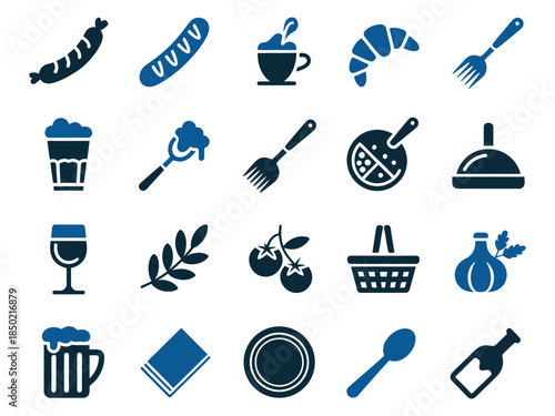 A collection of culinary icons featuring various food and drink items in a blue silhouette design.