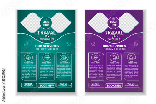 Travel and Tourism Flyer Template Set with Holiday Packages and Modern Wave Design