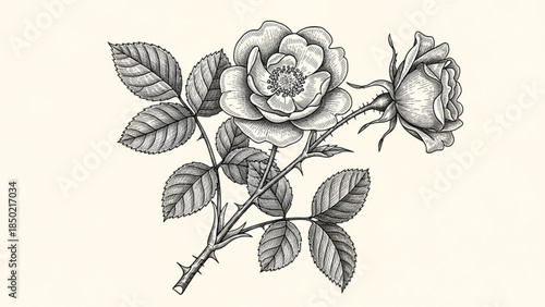 Rose Botanical Engraving Illustration, Detailed Vintage Black and White with Thorns and Leaves