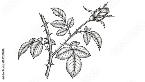 Rose Stem with Bud and Thorns, Vintage Engraving Style, Isolated on White