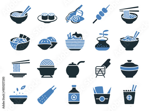 A collection of icons representing various Japanese food items, showcasing bowls, sushi, and chopsticks.