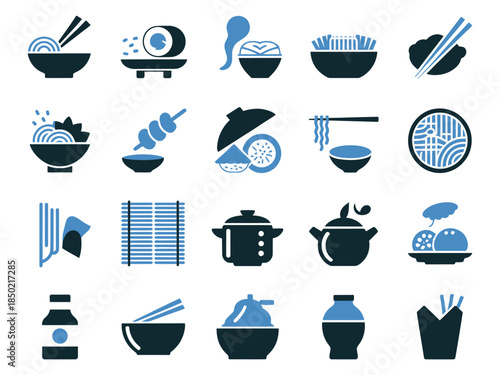 A collection of blue-themed icons representing various Asian dishes and utensils, highlighting culinary diversity.