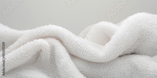 Detail shot of a white cotton towels plush surface serving as a textile backdrop for layout and styling, focusing on texture and fabric integrity